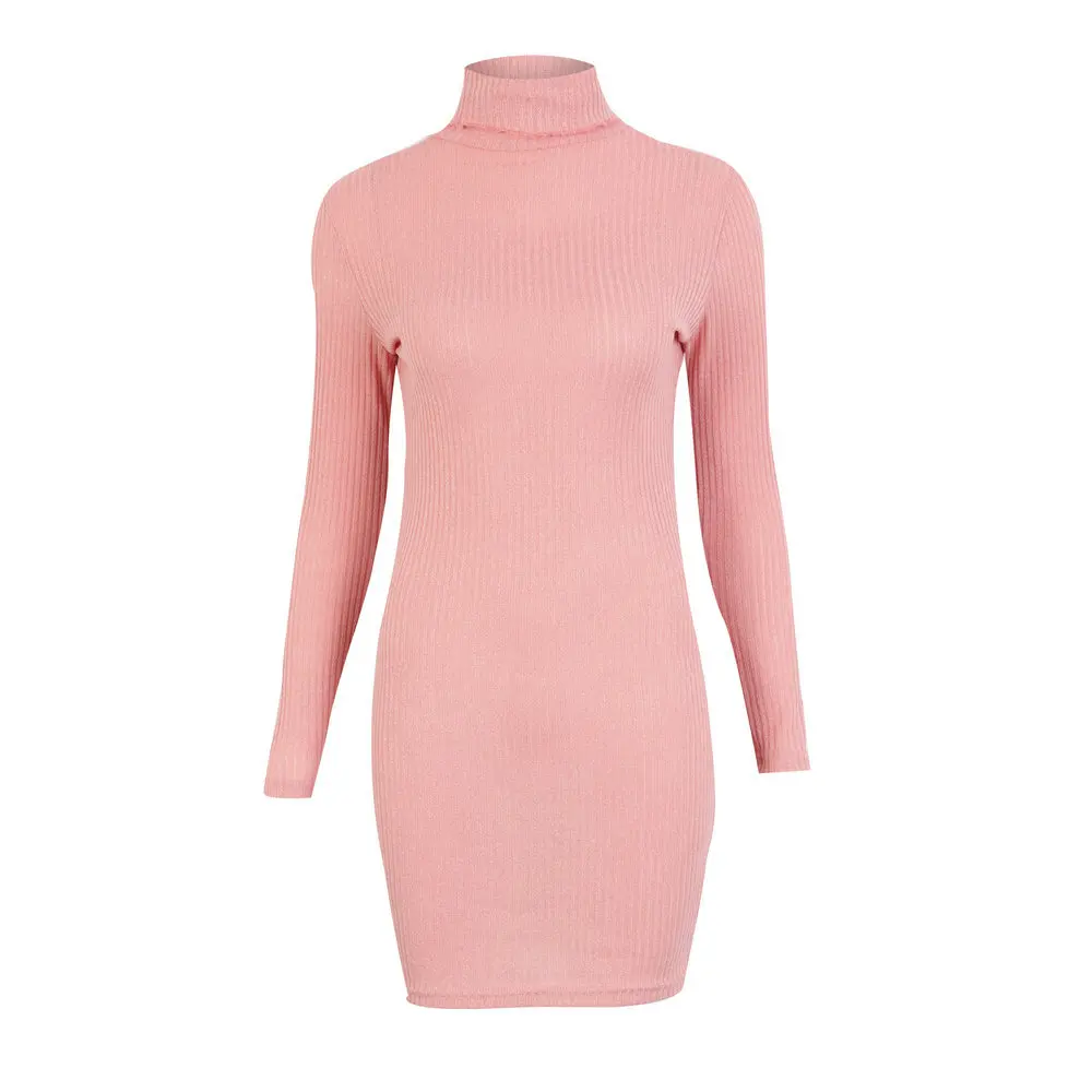 

woman dress European basic solid sheath 2019 autumn body-con turtleneck long sleeve knit female dresses 90s