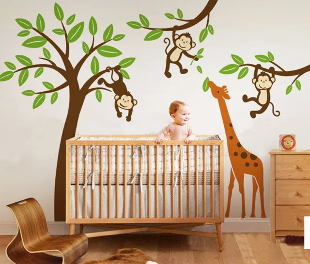Monkeys Hanging On Tree With Giraffe Wall Decal Nursery Monkeys Hanging On Tree With Giraffe Wall Decal Nursery Sticker Kids Baby