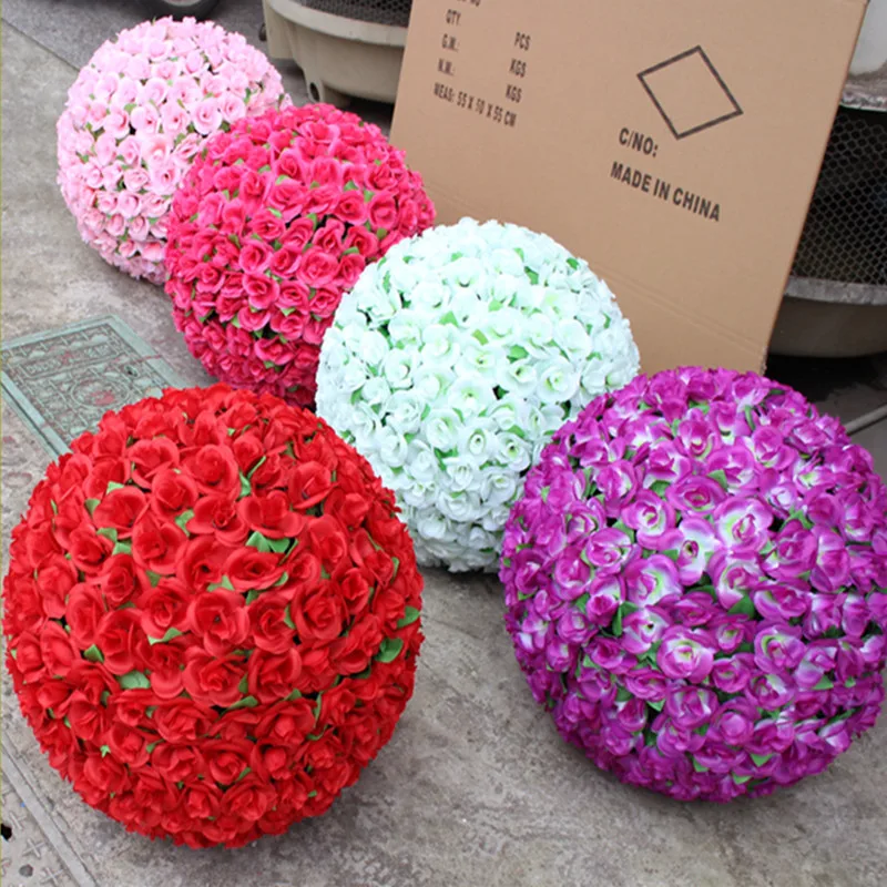 50cm Artificial Silk Rose Flowers Kissing Balls With Green Leafs For