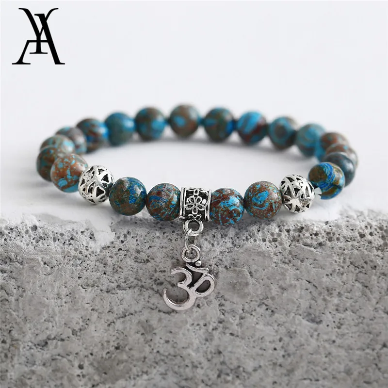 

AY Ethnic Yoga OM Rune Pendant Stone Strand Bracelets & Bangles Vintage Blooming Color Beads Bracelet for Women Men Jewelry
