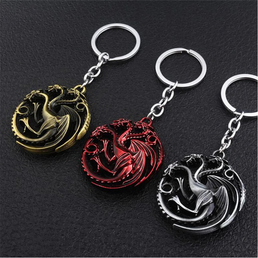

2019 New Season Game of Thrones Keychain House Targaryen Badge Three-headed Dragon Keychain for Keys Men Women Bag Accessories