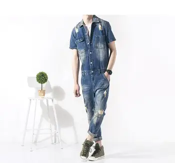 

2019 Summer new men's fashion slim denim jumpsuit men's retro hole jeans jumpsuit men's clothing