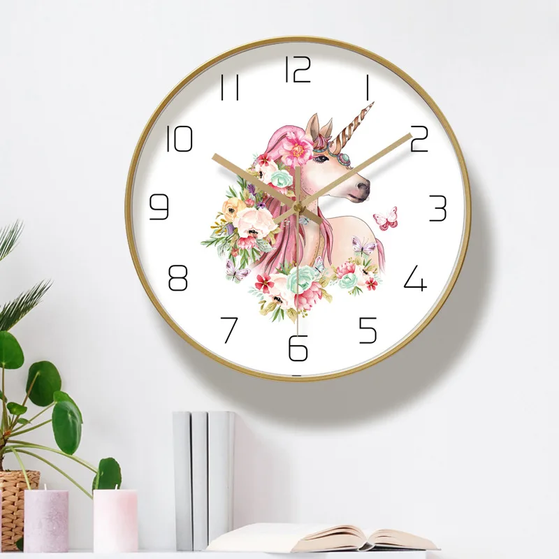 Прекрасный единорог Металл настенные часы Home Decor Кварц развертки движения для