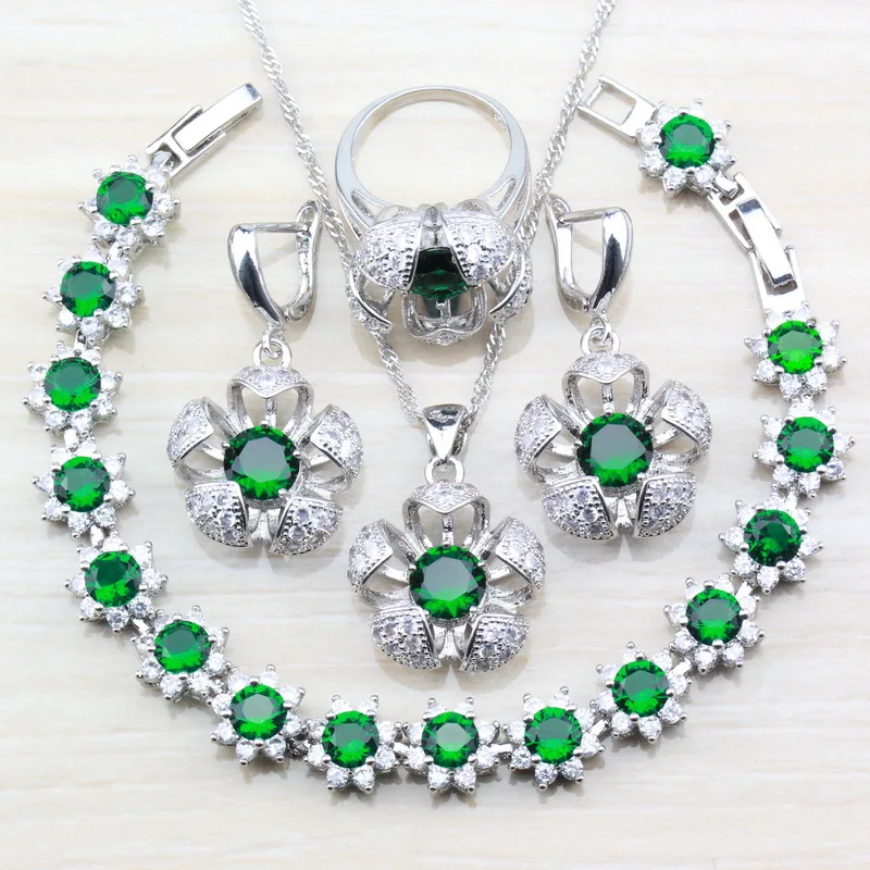 

Dubai 925 Sterling Silver Flower Jewelry Sets Green Stone CZ Earrings And Bracelet/Necklace And Ring For Women Costume Sets