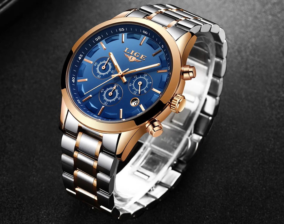 LIGE мужские спортивные часы с хронографом, полностью стальной ремешок, кварцевые армейские военные часы, мужские часы от ведущего бренда, Роскошные мужские часы