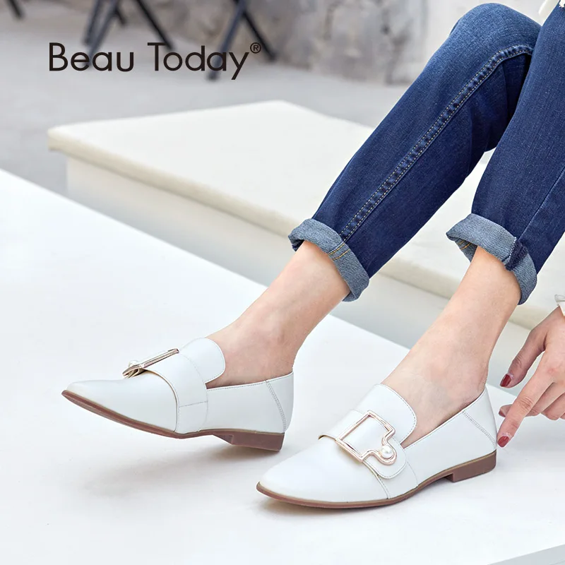 

BeauToday Women Loafers Calfskin Genuine Leather Metal Decoration Round Toe Slip-On High Quality Lady Shoes 27087