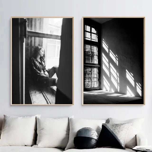 Black White Window Shadow Girl Vintage Photo Posters