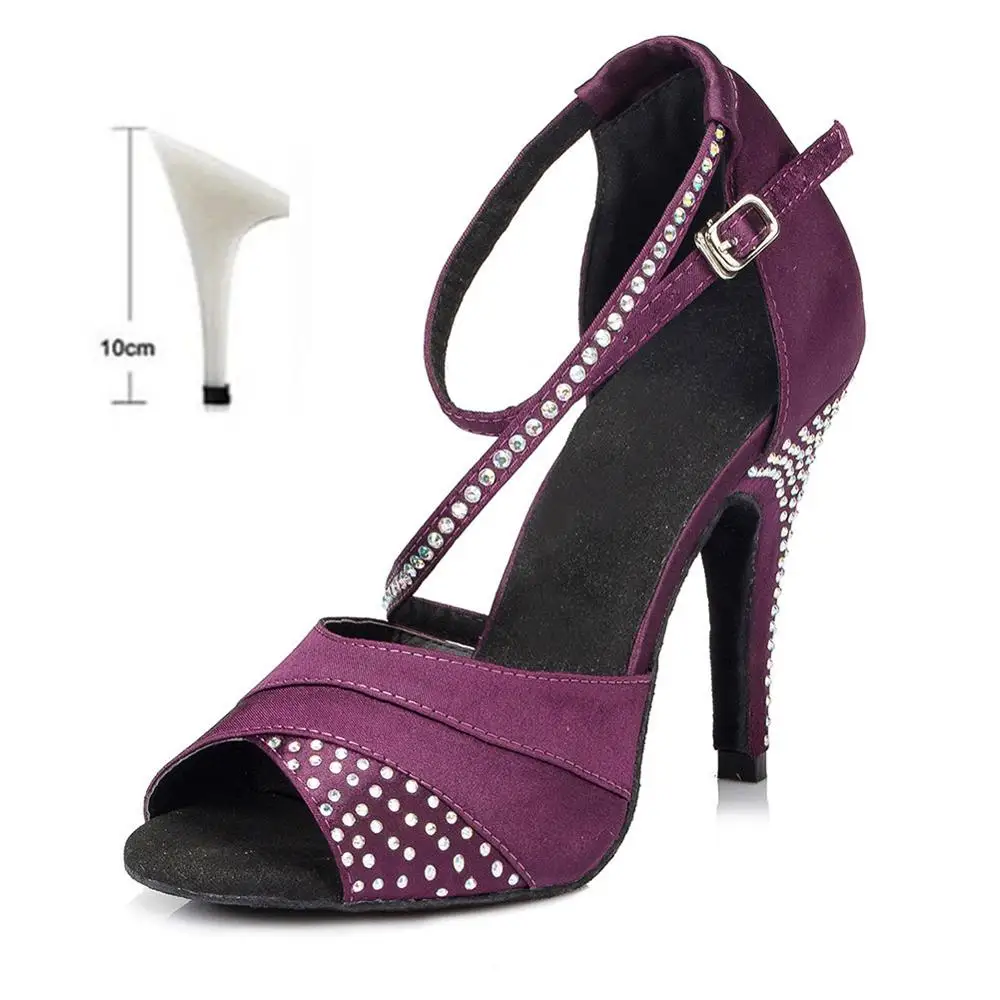 Латинская танцевальная обувь для детей для девочек, женщин, горный хрусталь, Бальные Профессиональный Танго Сальса обувь для танцев на вечеринках около 6 см/7,5 см/10 см - Цвет: Purple  10cm
