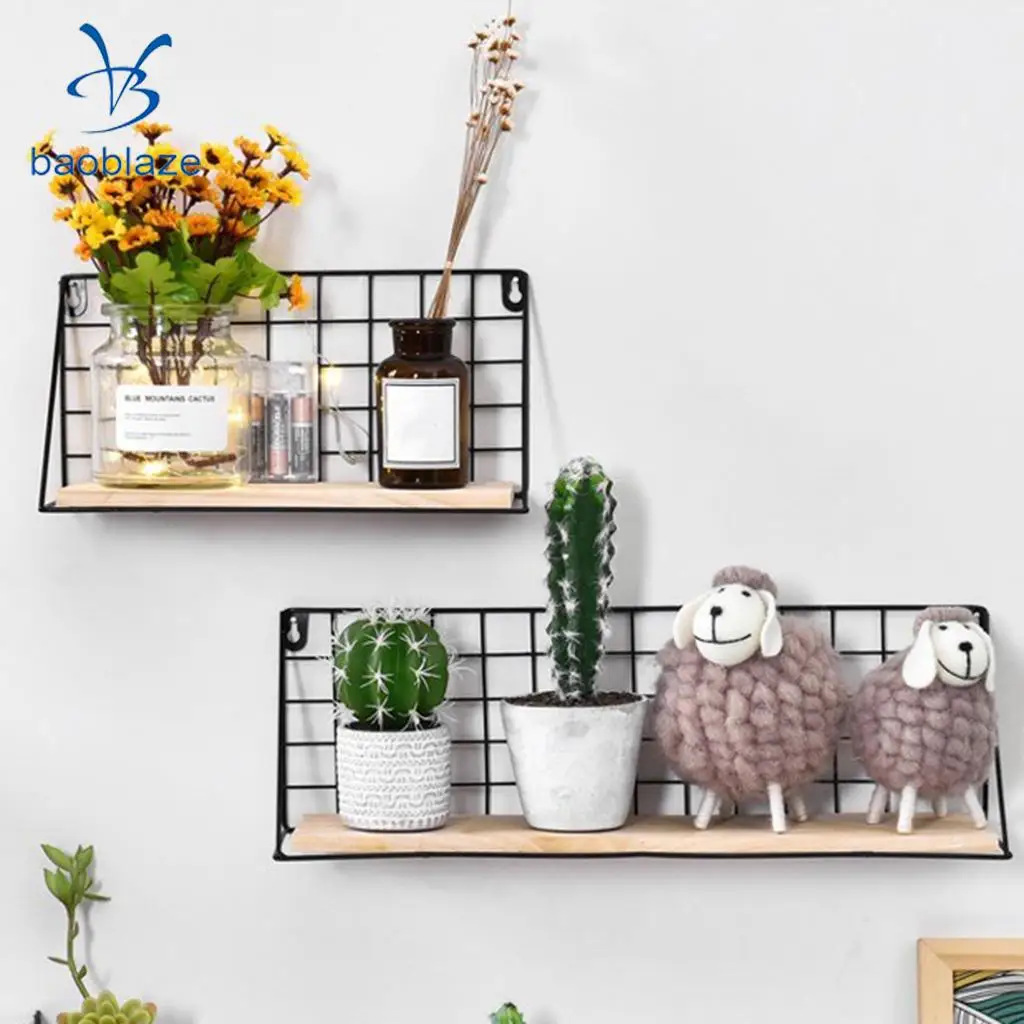 Iron Wall Hanging Storage Organizer with Pine Wood Board Plants Holder for Bedroom, Living Room, Bathroom, Kitchen, Office