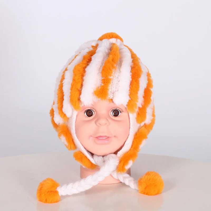 Children Fur Hat Rabbit Knitted Warm Head Hood Scarves Russian 2018 Winter Real Rex With mz062 | Аксессуары для одежды