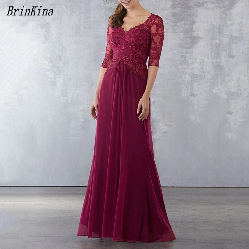 

Brinkina 2019 New Arrival A Line V Neck Lace with Crystals Floor Length Mother of the Bride Dresses Half Sleeves Vestidos