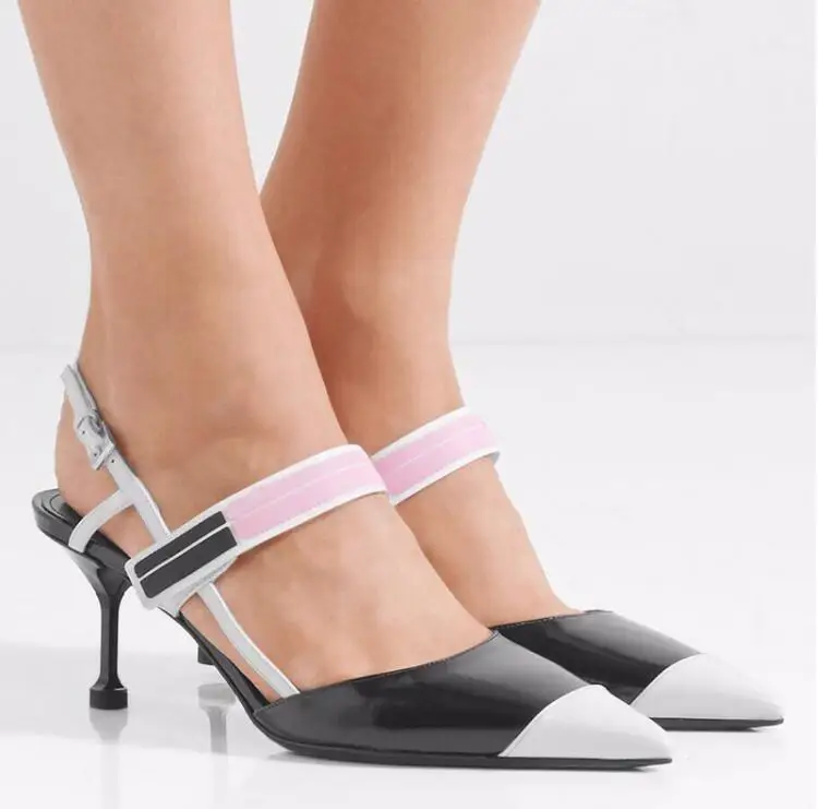 

2019 new hollow color matching cat heels sandals high heels stiletto pointed-toe word buckle magic stickers women single shoes