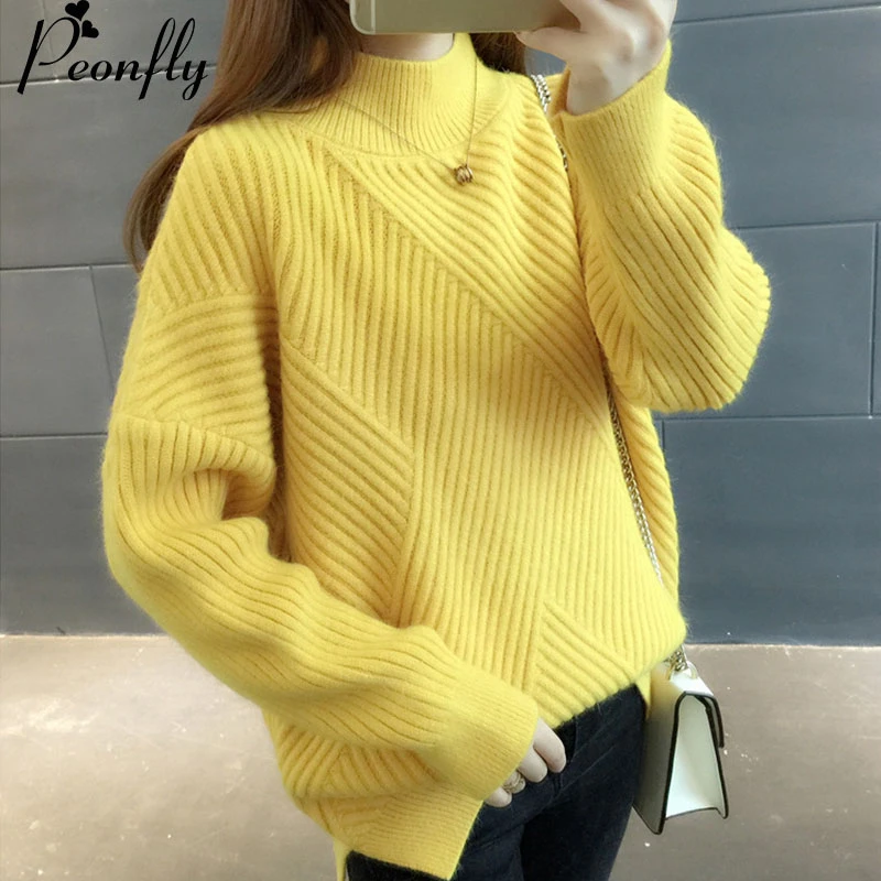PEONFLY New 2019 Loose Thick Warm Winter Pullover Sweater Women Jumper Half Turtleneck Long Sleeve Knit Yellow Sweater Female