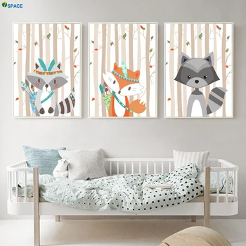 

Fox Raccoon Forest tree Nursery Art Prints Nordic Posters And Prints Wall Art Canvas Painting Wall Pictures Baby kids Room Decor