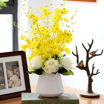 

Nordic Dancing Orchid Artificial Flower+Ceramic Vase Set Livingroom Table Ornament Decoration Mixed Silk Fake Flower Accessories