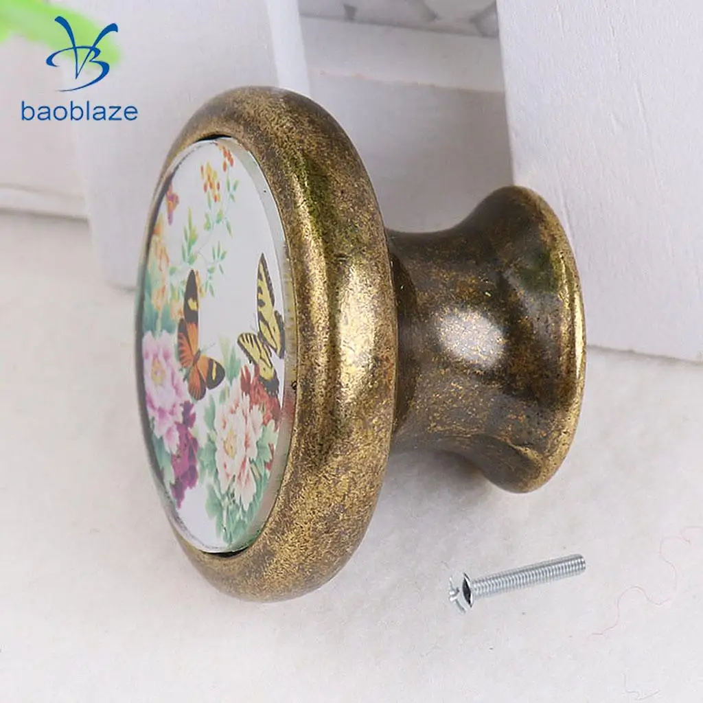 2 Pieces Antique Brass Cabinet Drawer Round Pulls Wardrobe Cabinet Door Cupboard Knob Handle Butterflies + Birds