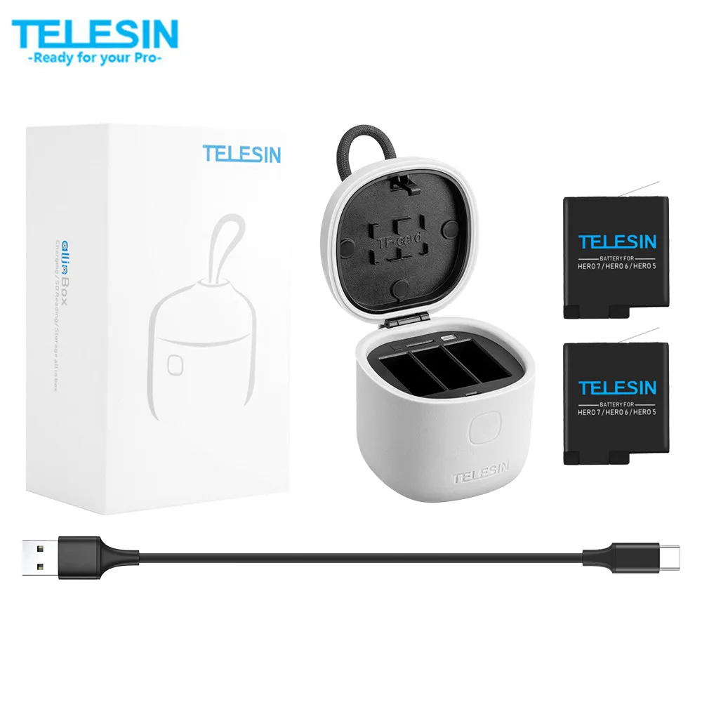 

TELESIN Multi Functional Battery & Charger Set Card Reader Charging Box Storage Box for Gopro Hero 7 Black Hero 6 Hero 5