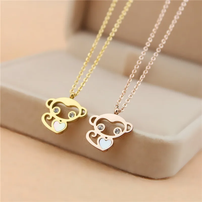 Never Fade Rose Gold color Cute Crystal shell Heart Monkey Pendant Necklace Fashion Woman love chains