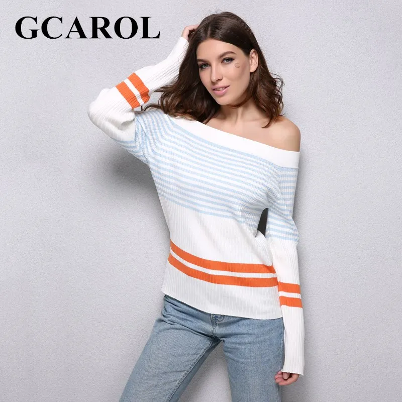 GCAROL Новое поступление, женский сексуальный свитер с вырезом лодочкой, полосатый цветной свитер, Стрейчевые вязаные топы, теплые вязаные топы