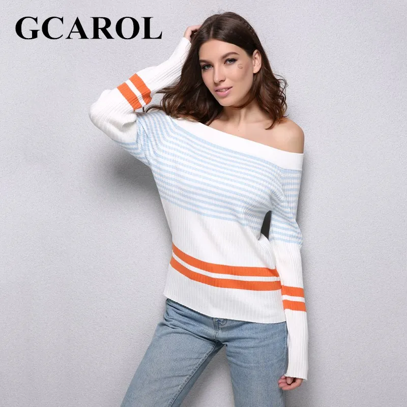 GCAROL Euro Style Stripe Women Sweater Slash Neck Sexy Autumn Winter Knitting Tops Stretch Warm Knitted Tops For Ladies GCAROL Euro Style Stripe Women Sweater Slash Neck Sexy Autumn Winter Knitting Tops Stretch Warm Knitted Tops For Ladies