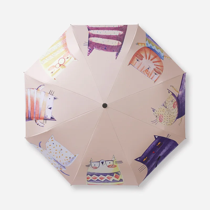 Милый Зонт с защитой от УФ-лучей и рисунком кота, ручная роспись, ветронепроницаемый, три складных кармана, зонты от дождя, Женский Карманный Детский зонтик, подарок для девочки, RG031 - Цвет: beige