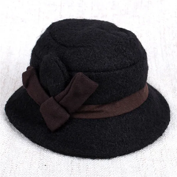 REALBY для женщин берет Cloche Fedora зимняя шапка для кепки с цветком котелок головные уборы фетр топ шляпа Твердые Chapeu YF5005 - Цвет: black