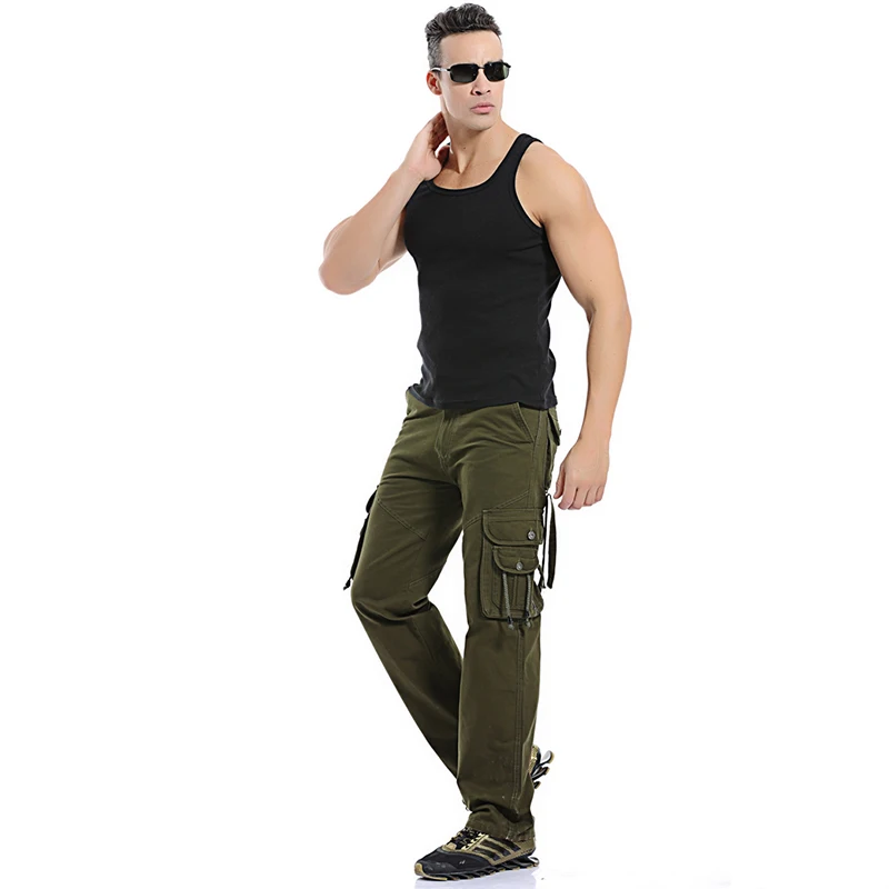 

Outdoor recreational large size loose type cargo pants zipper overalls Men's solid Pockets leisure cotton size 28-40 Overalls