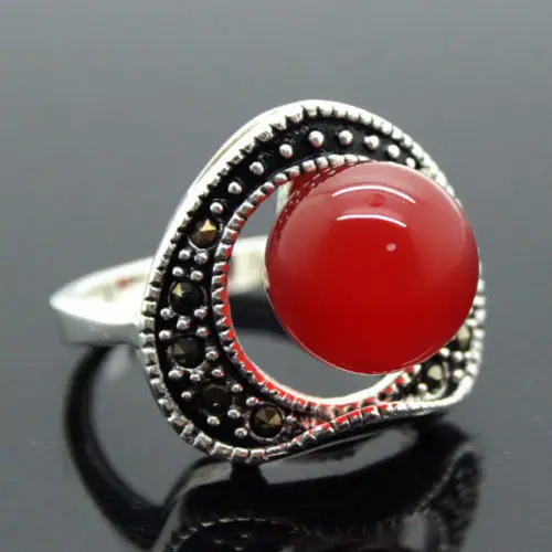 

good Bridal Wedding wholesale Pretty 6mm Red stone Beads Inlay Marcasite 925 Sterling Silver Ring 7/8/9/10