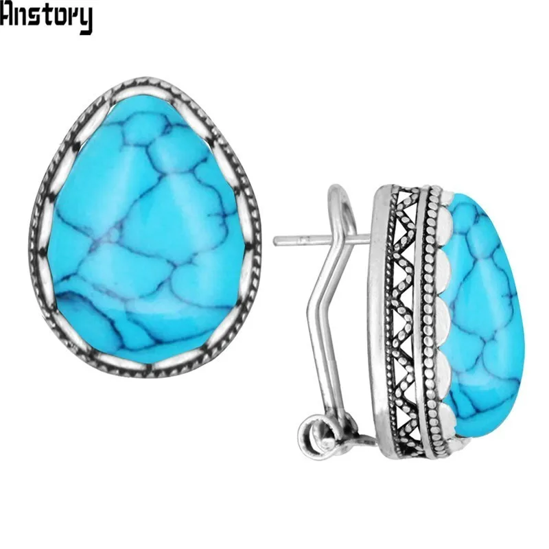 5 Colors Water Drop Stone Earrings Stud Vintage Lady Antique Silver Plated Push-Bback Earrings Fashion Jewelry TE509 - Окраска металла: Blue