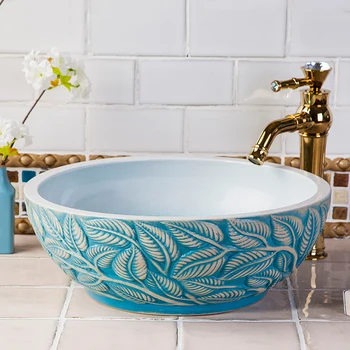 

China Artistic Handmade porcelain Round bathroom counter top ceramic Bathroom basin sink chinese wash basin bathroom sinks