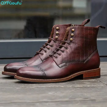 

QYFCIOUFU New 2019 Designer Man Carved Martins Boots Shoes Genuine Leather Round Toe Men's Lace Up Vintage Chelsea Ankle Boots