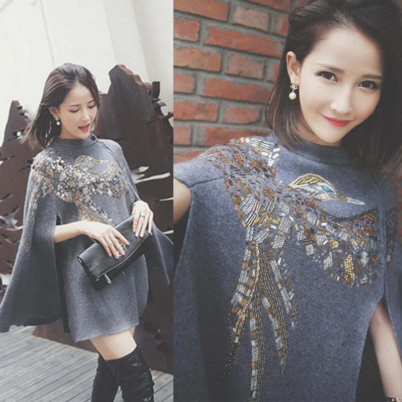 

2018 Rushed Pullover Poncho New Autumn And Winter In The Long Section Of Sequins Shawl Sweater Coat Women Fall Thick Shawls