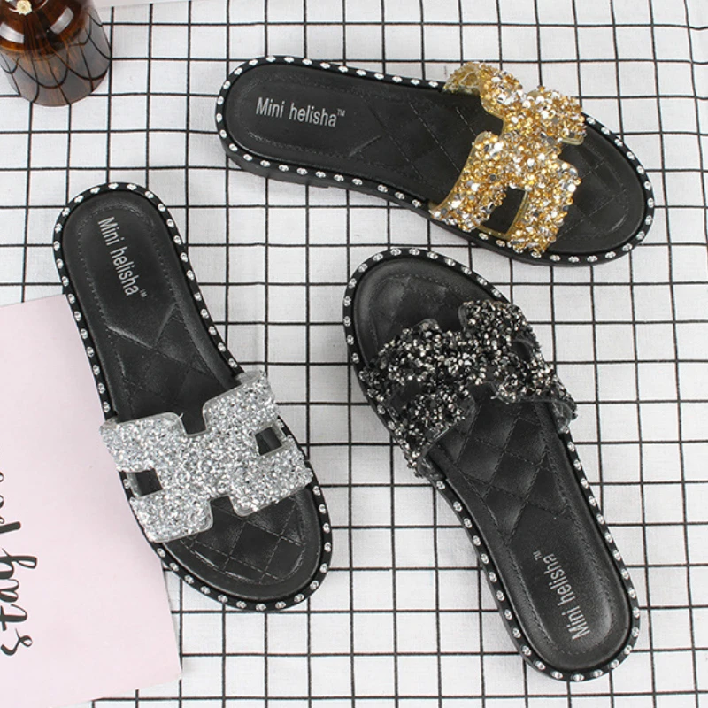 

Lady New Bling Slippers Cut Out Summer Beach Sandals Fashion Women Slides Outdoor Slippers Indoor Slip Ons Flip Flops 36-40
