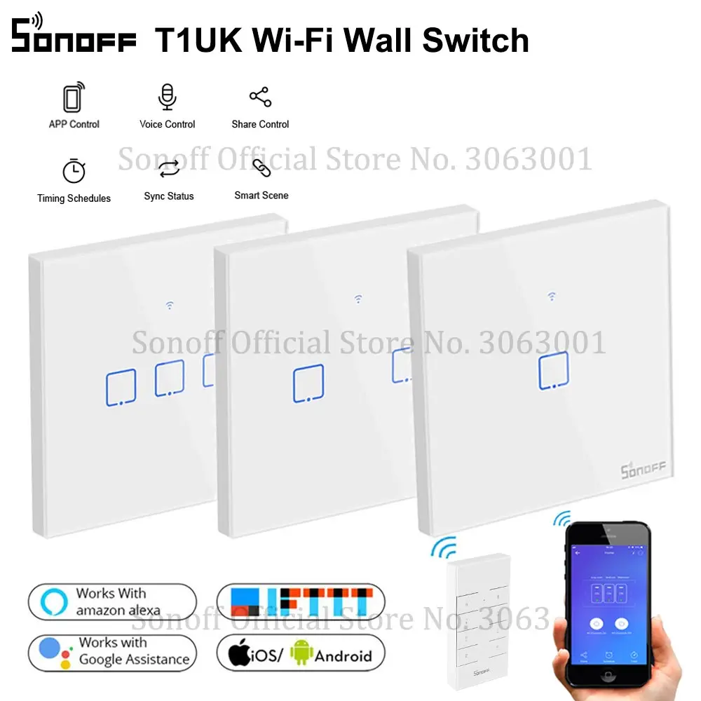 

SONOFF Wireless Wall Touch Light Switch, New T1UK Wifi Timer 1/2/3 Gang Switch Glass Panel APP/RF/Voice Remote Control TX Series