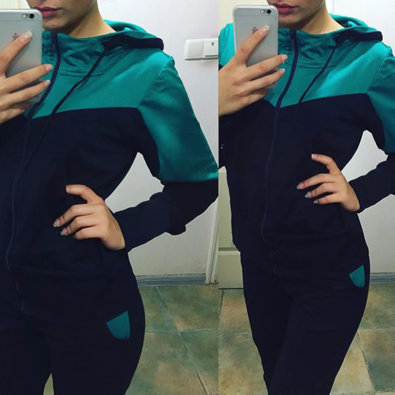 

Patchwork Zipper Drawstring 2 Two Piece Set Top And Pants Hooded Tracksuit Women Hoodies Sweatshirts Female 2018 Sweat Suit**