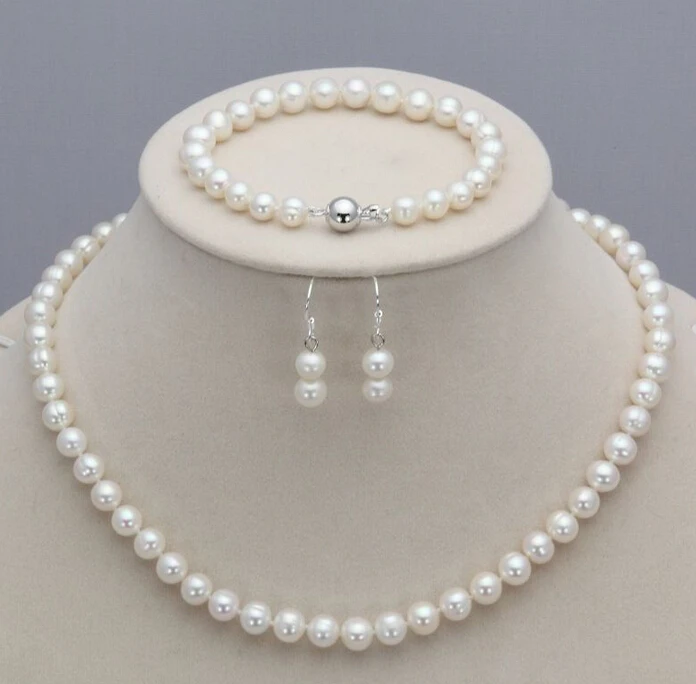 

free shipping 07573 Natural White Akoya Cultured Pearl Necklace Bracelet Earring Set (A0423)