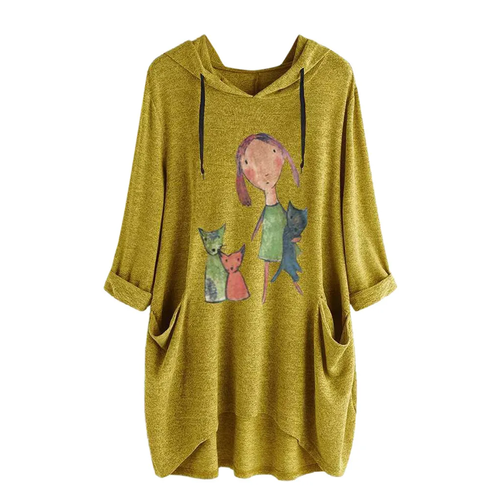 JAYCOSIN толстовки с капюшоном рубашки с длинным рукавом боковой карман с капюшоном нерегулярные женские топы и женские рубашки mujer - Цвет: Цвет: желтый