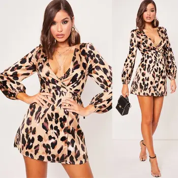

Fashion Womens Long Sleeve V Neck Night Party Mini Dress Sexy Leopard Mini Dress
