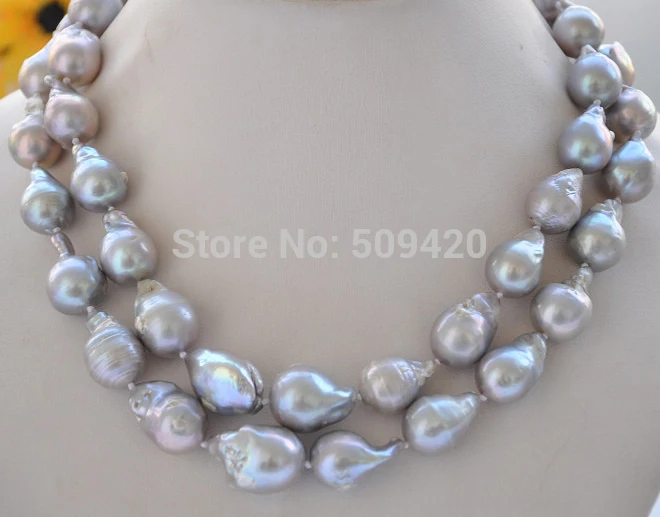 

~~ Free Shipping >>100% NATURAL 2row 21mm gray BAROQUE KESHI REBORN PEARL NECKLACE17- 18inch