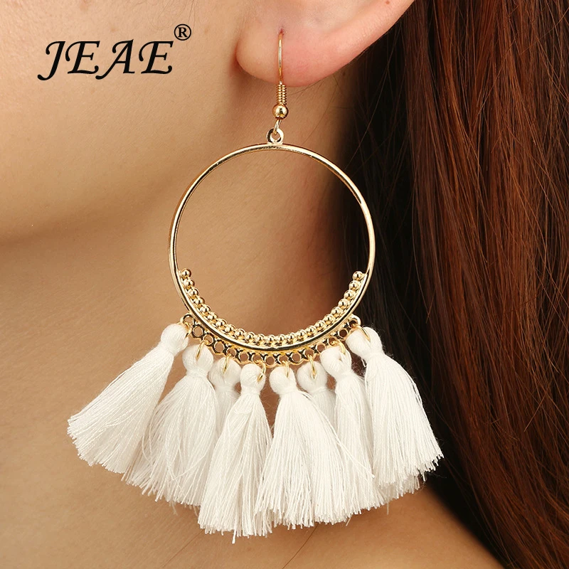 

New Bohemian Handmade Statement Cotton Tassel Long Earrings for Women Vintage Round Drop Earrings Wedding Bridal Fringed Jewelry