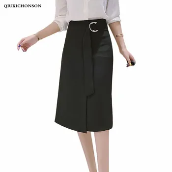 

Elegant Women High Waist Black Pencil Skirt With Belt Women Spring Summer Slit Ladies Office Wrap Skirts jupe crayon