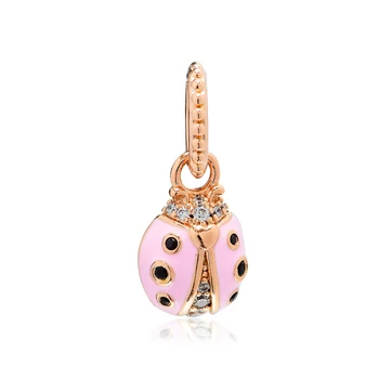 

925 Sterling Silver Rose Lucky Pink Ladybird Necklace Pendant Fit Original Bangle Bracelet DIY Jewelry 2019 Spring