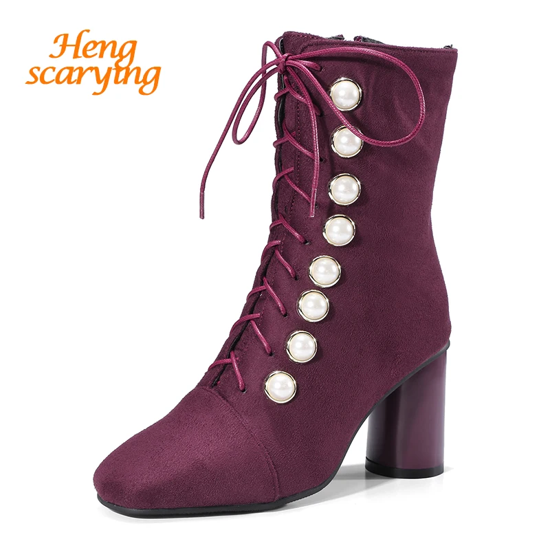 

2018 Plus Size 32-48 Women Ankle Square Toe Combat Boots Winter Punk Studded Boots Female Fetish 7cm Thick Heels Purple Shoes