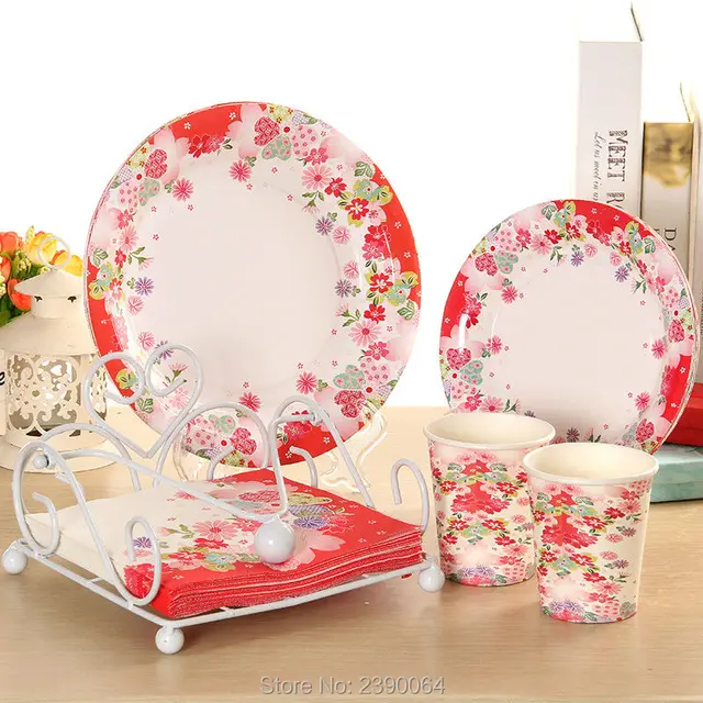 Free Shipping 100 Sets Red Flower Party Tableware Disposable Paper Free Shipping 100 Sets Red Flower Party Tableware Disposable Paper Plates Cups Wedding Napkins