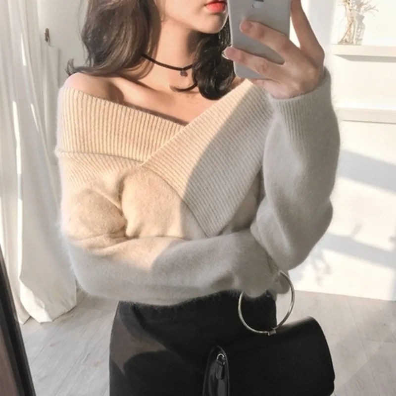 

ZAWFL 2019 Women sweater Autumn&Winter stylish sexy deep-v Strapless long sleeve sweaters pullover 2017 Tops knitted Sweater