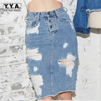 

Korean Style Slim Waisted Denim Jeans Skirt Women Mini Skirt Big Ripped Blue color Hole Bodycorn Casual Skirts