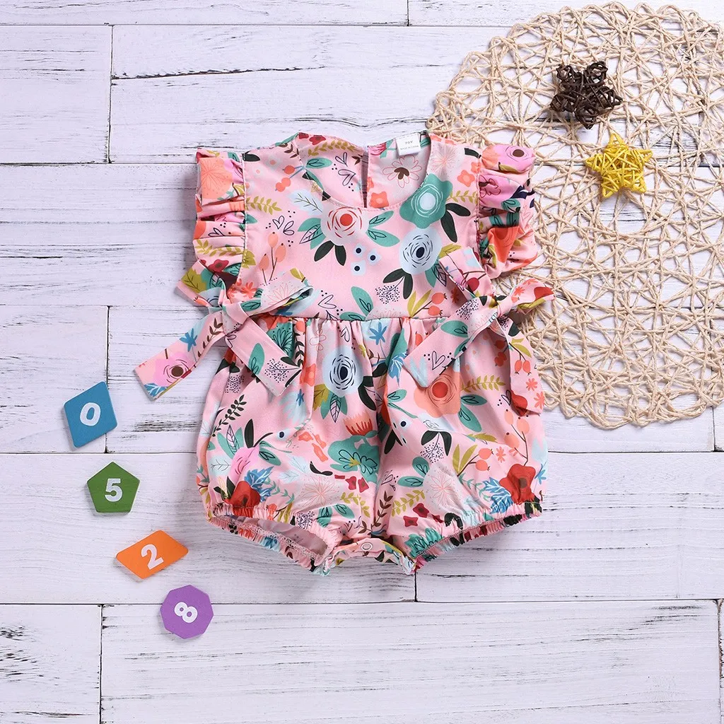 2019 Toddler Baby Boys Girls outfit Sleeveless Bow-knot Flower Print Romper jumpsuit baby clothes easter baby girl clothes