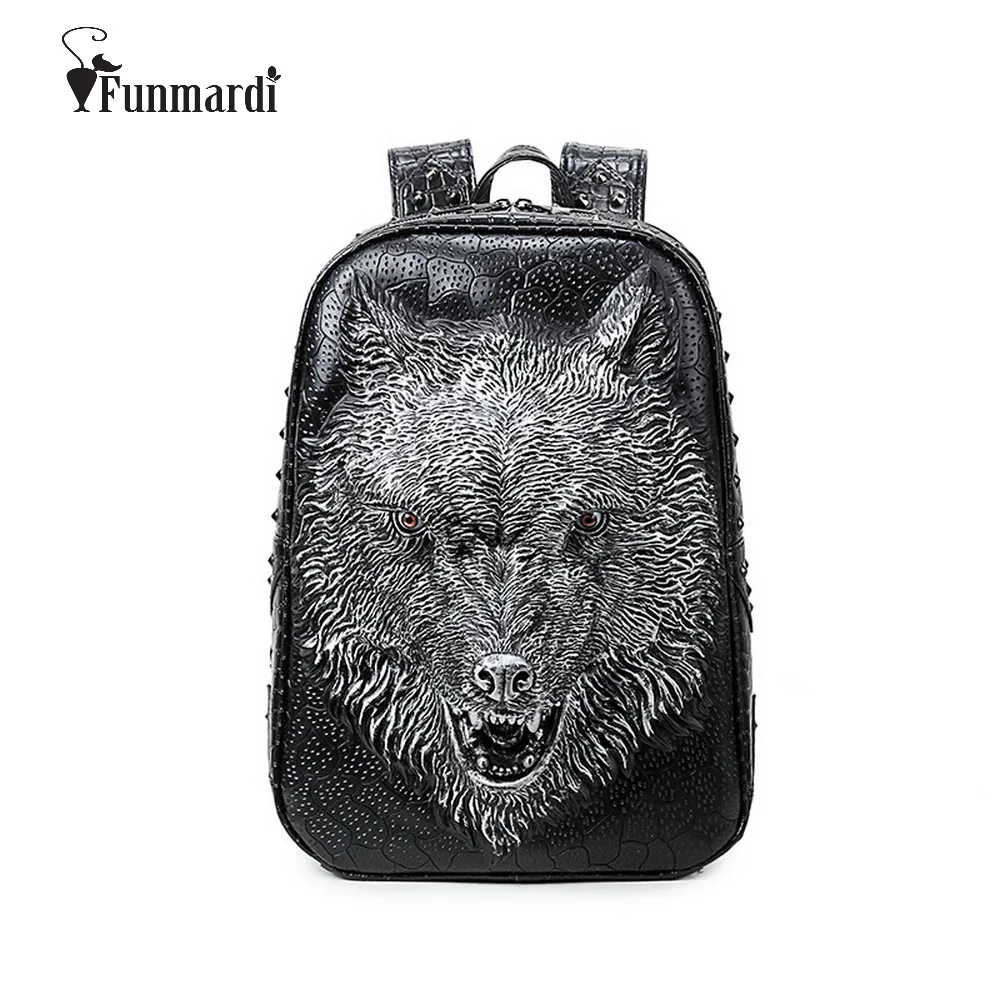 

New arrival 3D wolf design PU leather backpacks vintage Rock women bags Rivet computer bags good quality school Bags WLHB1453