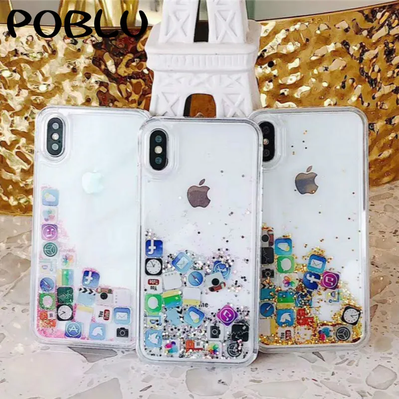 

POBLU Stylish Funny Mobile Application Icons Phone Case For iphone XR XS MAX 8 7 6s Plus Dynamic Liquid Quicksand Back Case Capa
