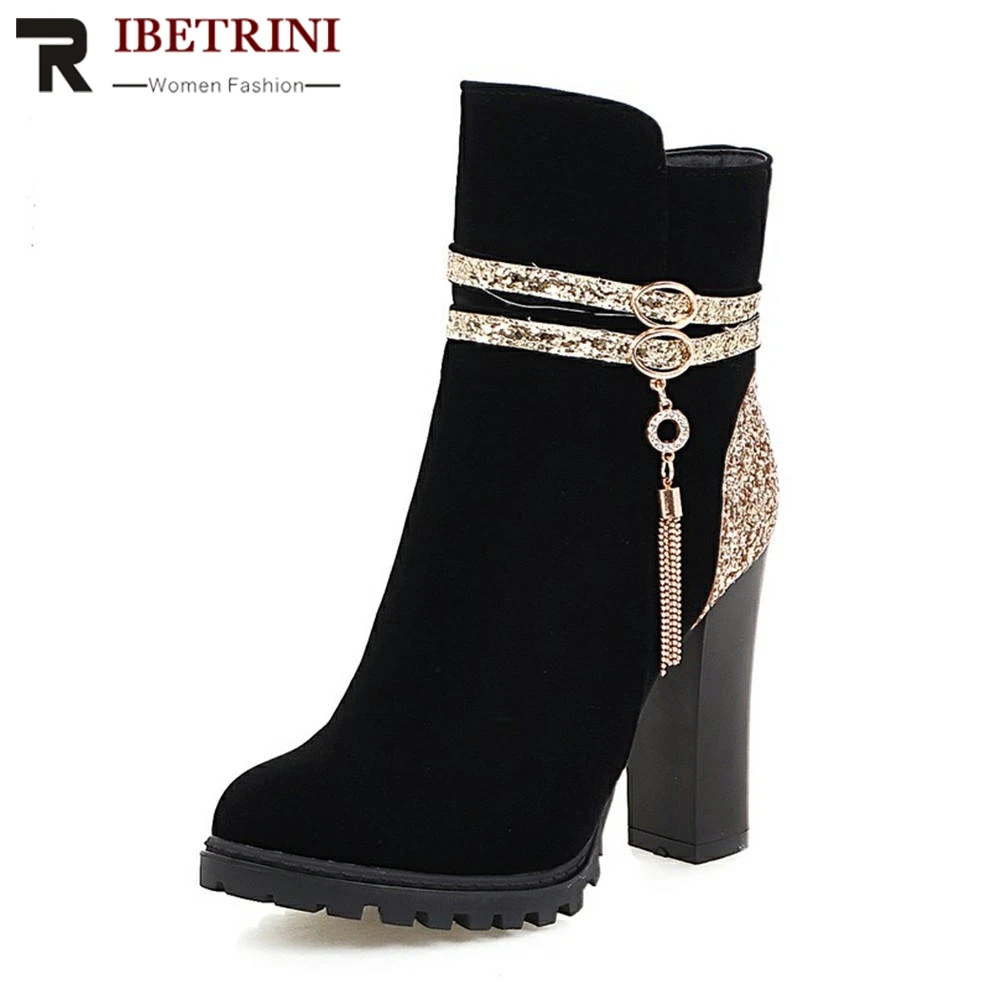 

RIBETRINI Women Vintage Ankle Boots Square High Heel Platform Shoes Woman Metal Chains Flock Motorcycle Boots Size 33-40